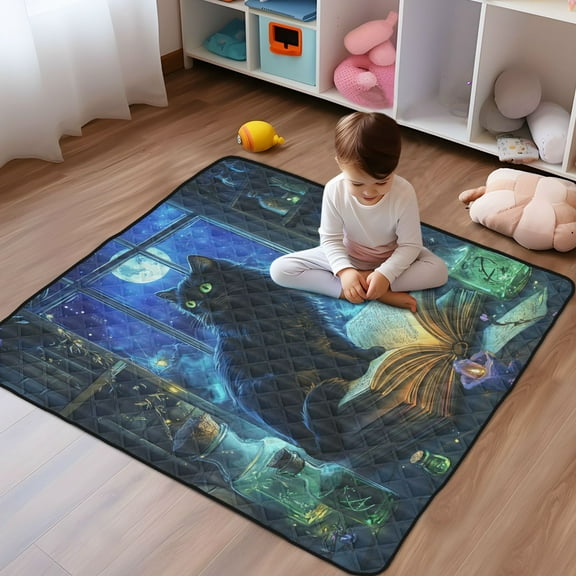 WOBOGO Black Cat Green Pupil Baby Playmats Extra Large Waterproof Rollable Activity Pads for Toddlers 50×50inch