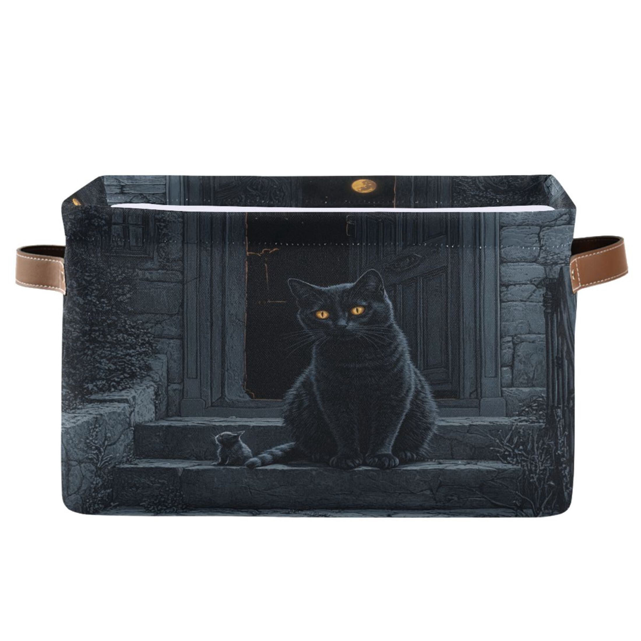 WOBOGO Black Cat Guard Square Storage Basket with Waterproof Canvas and PE Lining Durable PU Leather Handles 14.2×10.2×8.3in