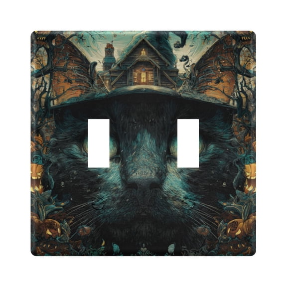WOBOGO Black Cat Haunted House 2-hole Switch Plates PC Flame Retardant Plastic Material Glossy Finish Smooth Touch 4.56x4.48x0.27in