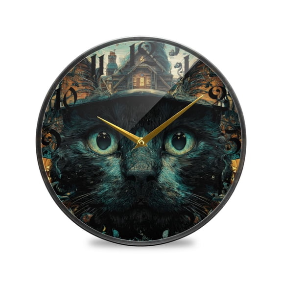 WOBOGO Black Cat Haunted House Acrylic Wall Clock Battery Operated 9.5in Silent No Tick Bedroom Living Room Office Classroom Decoration