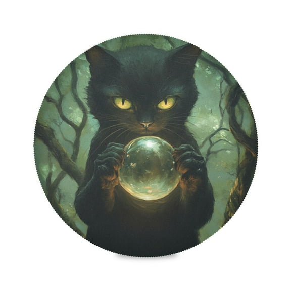 WOBOGO Black Cat Magic Ball Round Placemats Set of 1 Heat Resistant Washable Kitchen Table Decorations 15.4in