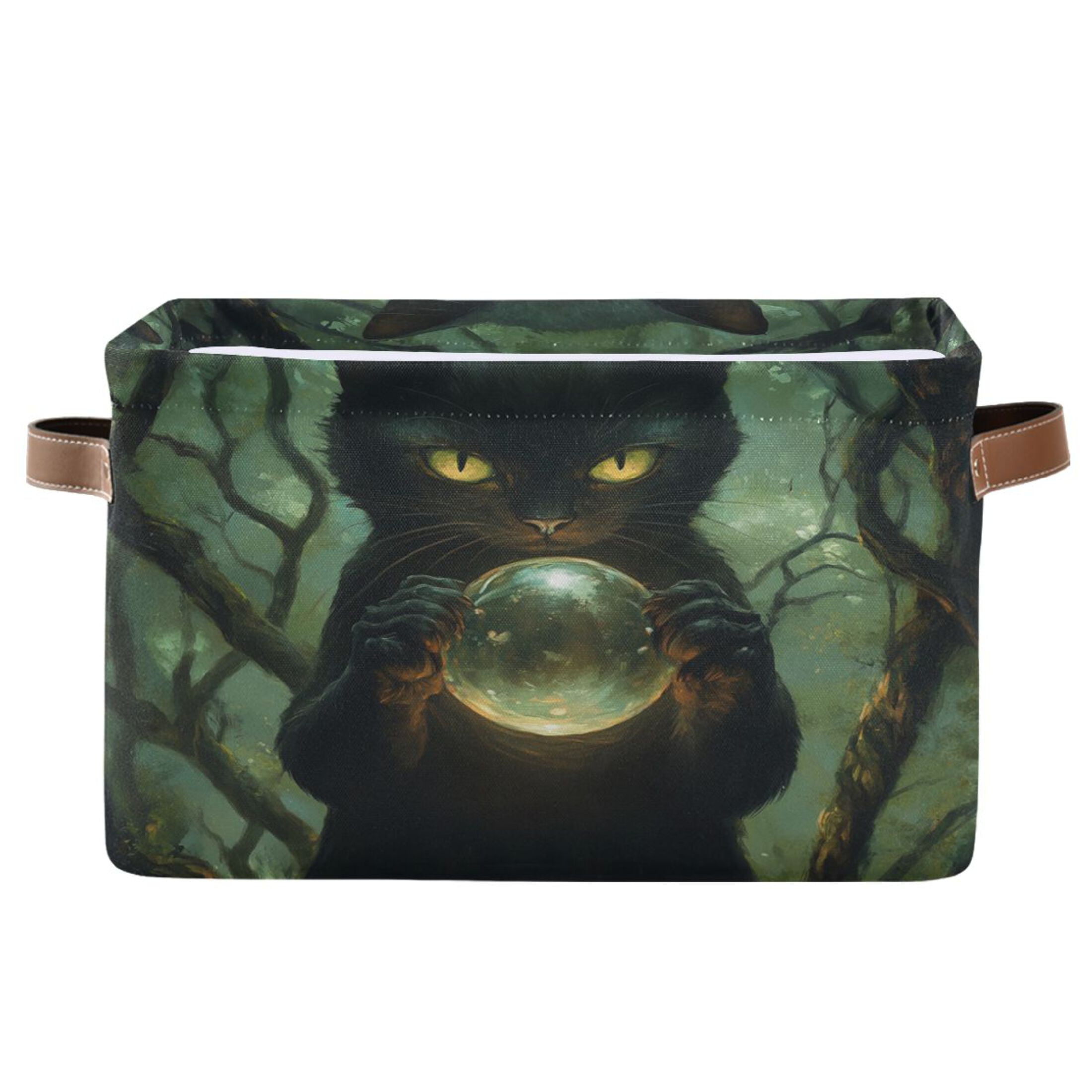 WOBOGO Black Cat Magic Ball Square Storage Basket with Waterproof Canvas and PE Lining Durable PU Leather Handles 14.2×10.2×8.3in