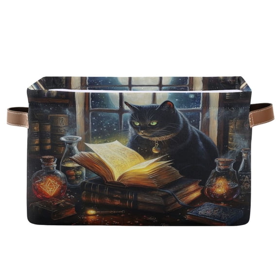 WOBOGO Black Cat Magic Room Square Storage Basket with Waterproof Canvas and PE Lining Durable PU Leather Handles 14.2×10.2×8.3in