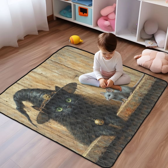 WOBOGO Black Cat Meet Gray Mouse Baby Playmats Extra Large Waterproof Rollable Activity Pads for Toddlers 5050inch