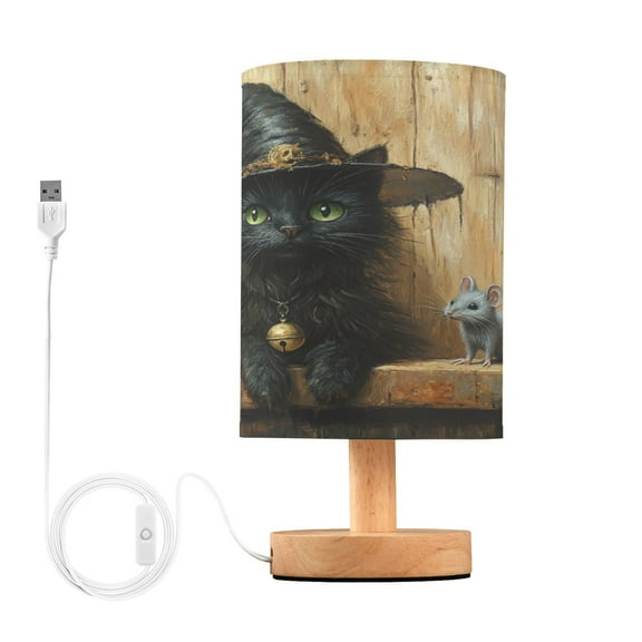 WOBOGO Black Cat Meet Gray Mouse Bedroom Table Lamp USB Power Connector Wooden Base Round Linen Shade For Living Room Desk