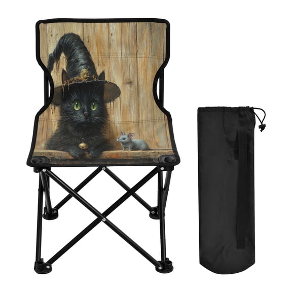 WOBOGO Black Cat Meet Gray Mouse Camping Chair Convenient Four Corner Backrest Folding Stool Can Hold Up to 220lbs