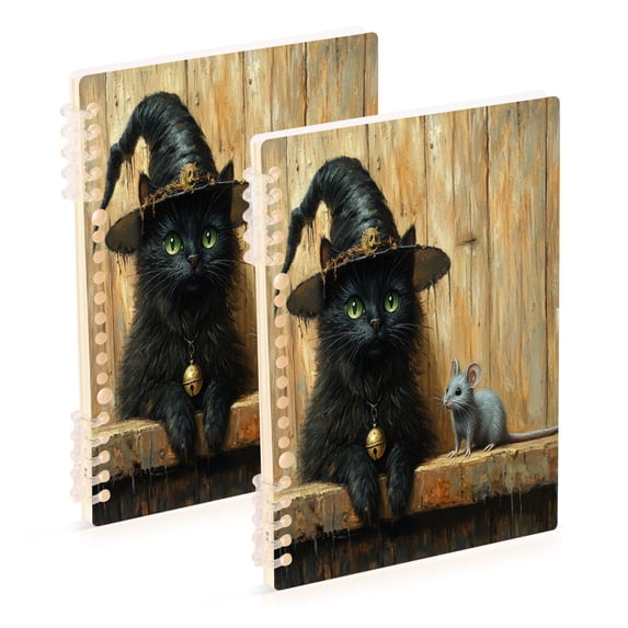 WOBOGO Black Cat Meet Gray Mouse Notebook College Horizontal Grid Paper Ink Spill Resistant Water Resistant Cover 8.3x5.7x0.4in