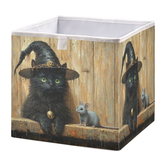 WOBOGO Black Cat Meet Gray Mouse Storage Basket Foldable Easy to Clean Durable with Hollow Support Plate with Handle 11.02×11.02×11.02 in