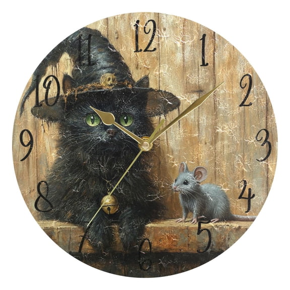WOBOGO Black Cat Meet Gray Mouse Wall Clock 10in Silent Mechanism Battery Operated Retro Style for Living Room Bedroom and Kitchen Gold Pointer