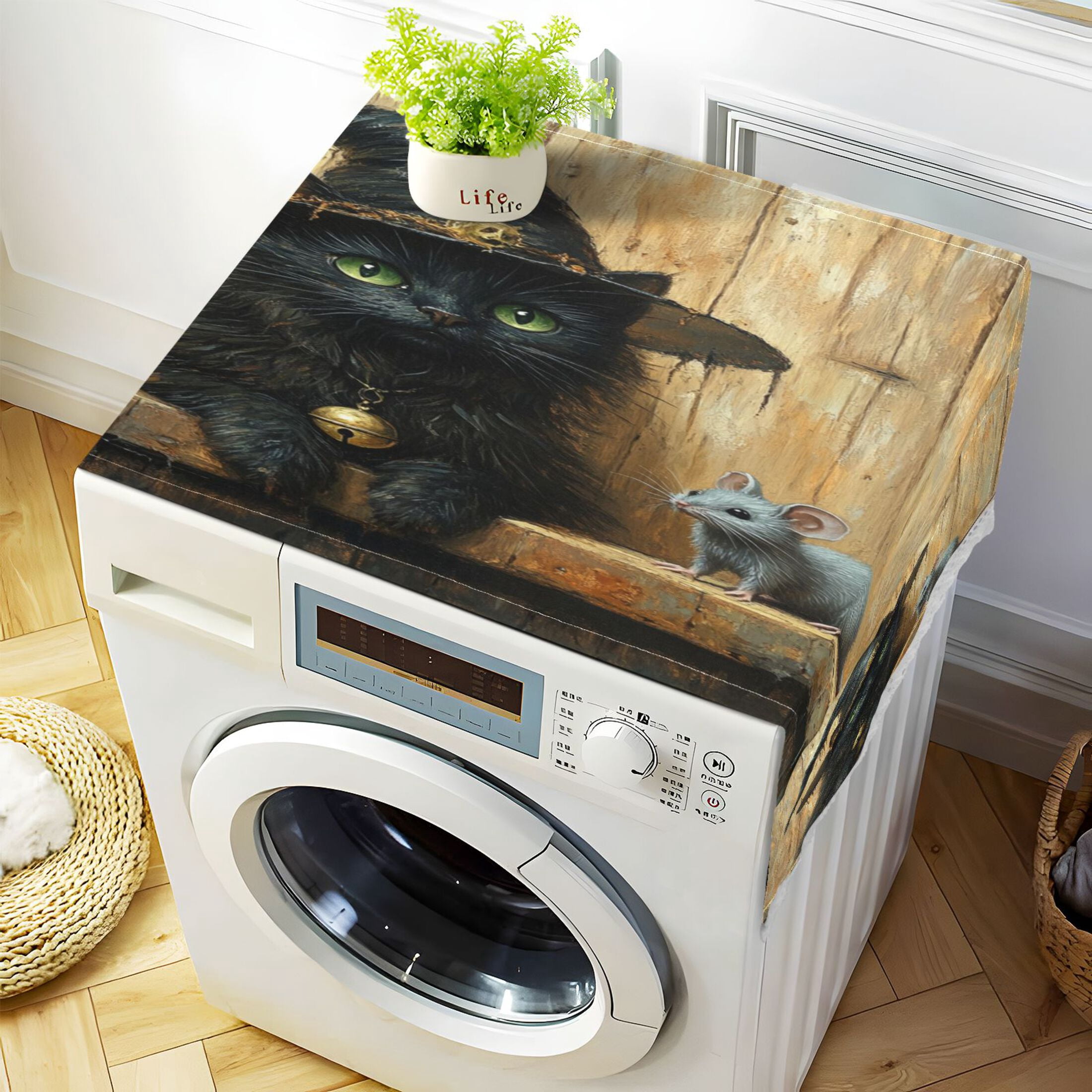 WOBOGO Black Cat Meet Gray Mouse Washing Machine Cloth Dryer Refrigerator Top Cover Protective Non-Slip Mat For Kitchen Laundry