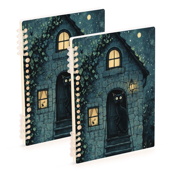 WOBOGO Black Cat Night Scene Notebook College Horizontal Grid Paper Ink Spill Resistant Water Resistant Cover 8.3x5.7x0.4in
