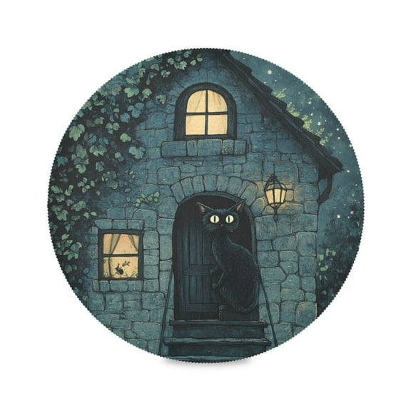 WOBOGO Black Cat Night Scene Round Placemats Set of 1 Heat Resistant Washable Kitchen Table Decorations 15.4in