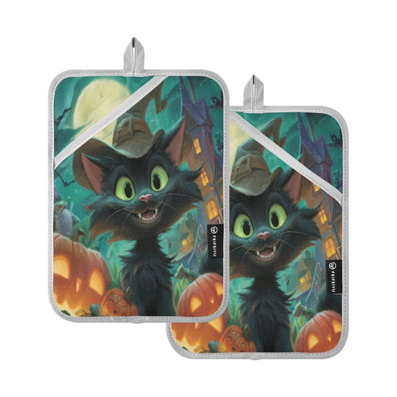 WOBOGO Black Cat Oven Mitts 2 Piece Heat Resistant 338 Degrees F Square Insulation Pads for A Wide Range of Cooking Occasions