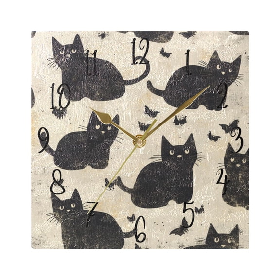 WOBOGO Black Cat Wall Clock 7.78 Inch Battery Operated Silent Unit Square Rustic Vintage Style for Home Bedroom Office Gold Pointer