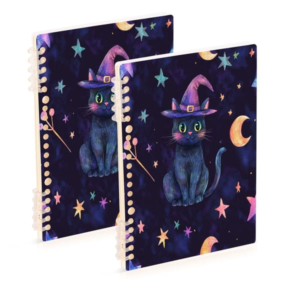 WOBOGO Black Cat in Witch Hat Notebook College Horizontal Grid Paper Ink Spill Resistant Water Resistant Cover 8.3x5.7x0.4in
