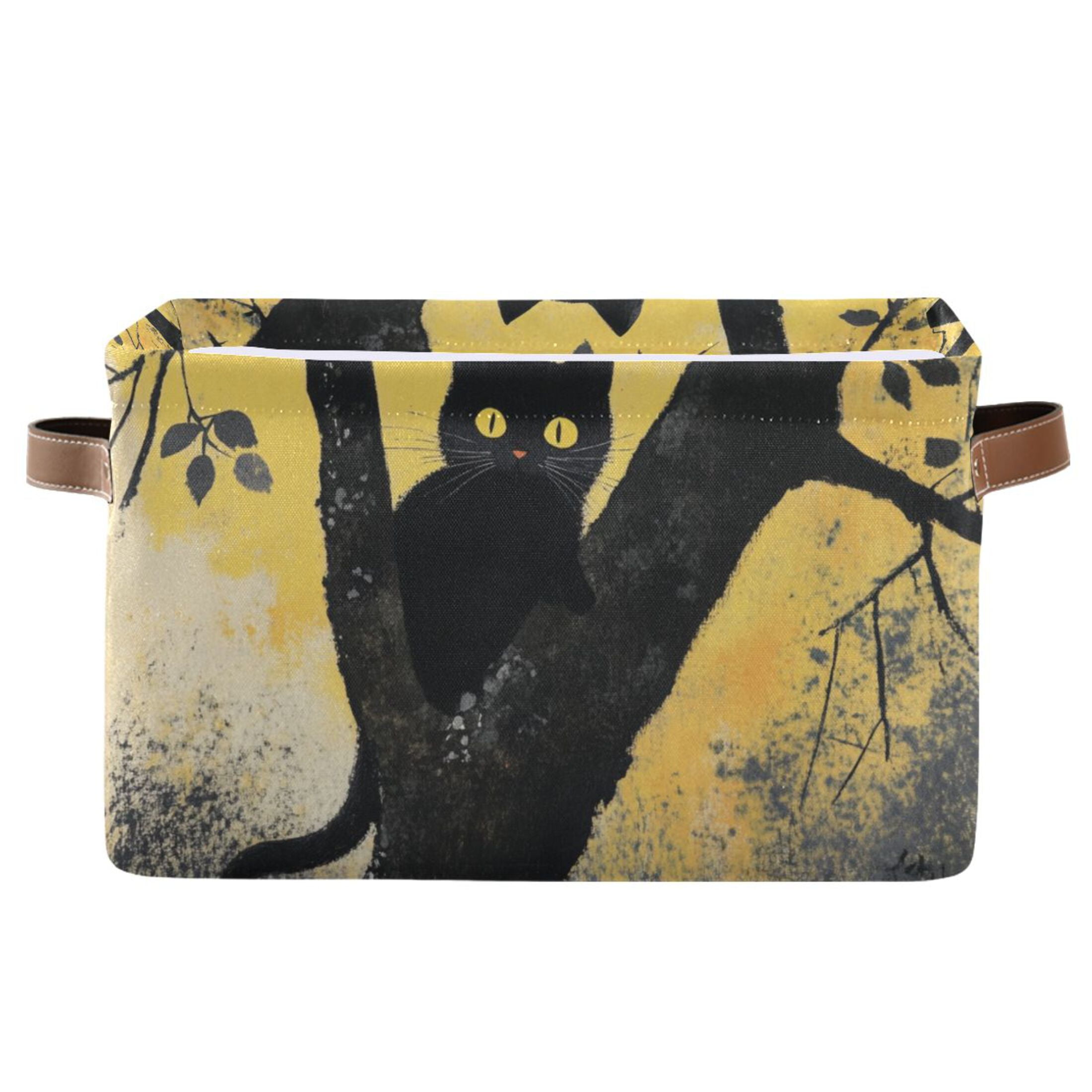 WOBOGO Black Cat on Branch Square Storage Basket with Waterproof Canvas and PE Lining Durable PU Leather Handles 14.2×10.2×8.3in