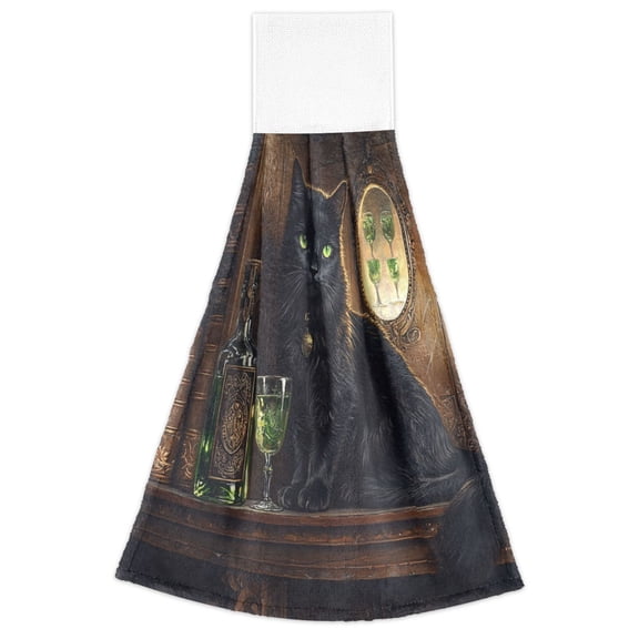 WOBOGO Black Cat with Absinthe Hand Towel Set of 2 Absorbent for Kitchen and Bathroom With Velcro Hanging Loop 18.214in