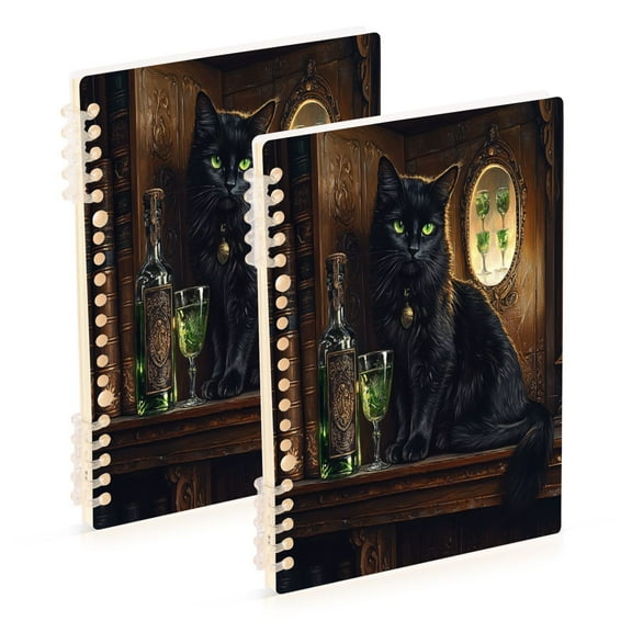 WOBOGO Black Cat with Absinthe Notebook College Horizontal Grid Paper Ink Spill Resistant Water Resistant Cover 8.3x5.7x0.4in