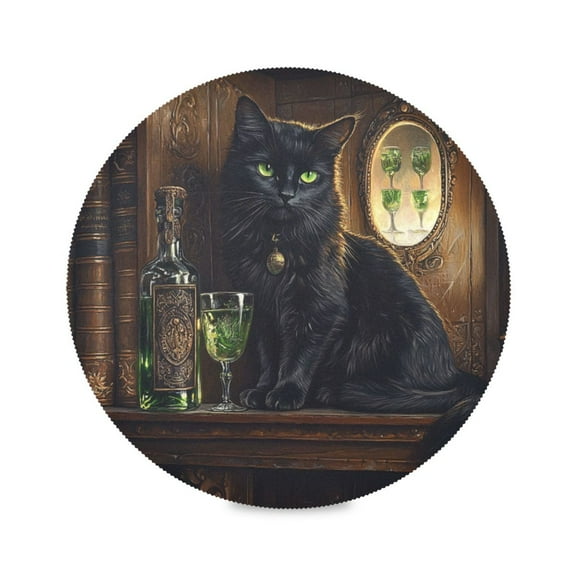 WOBOGO Black Cat with Absinthe Round Placemats Set of 1 Heat Resistant Washable Kitchen Table Decorations 15.4in