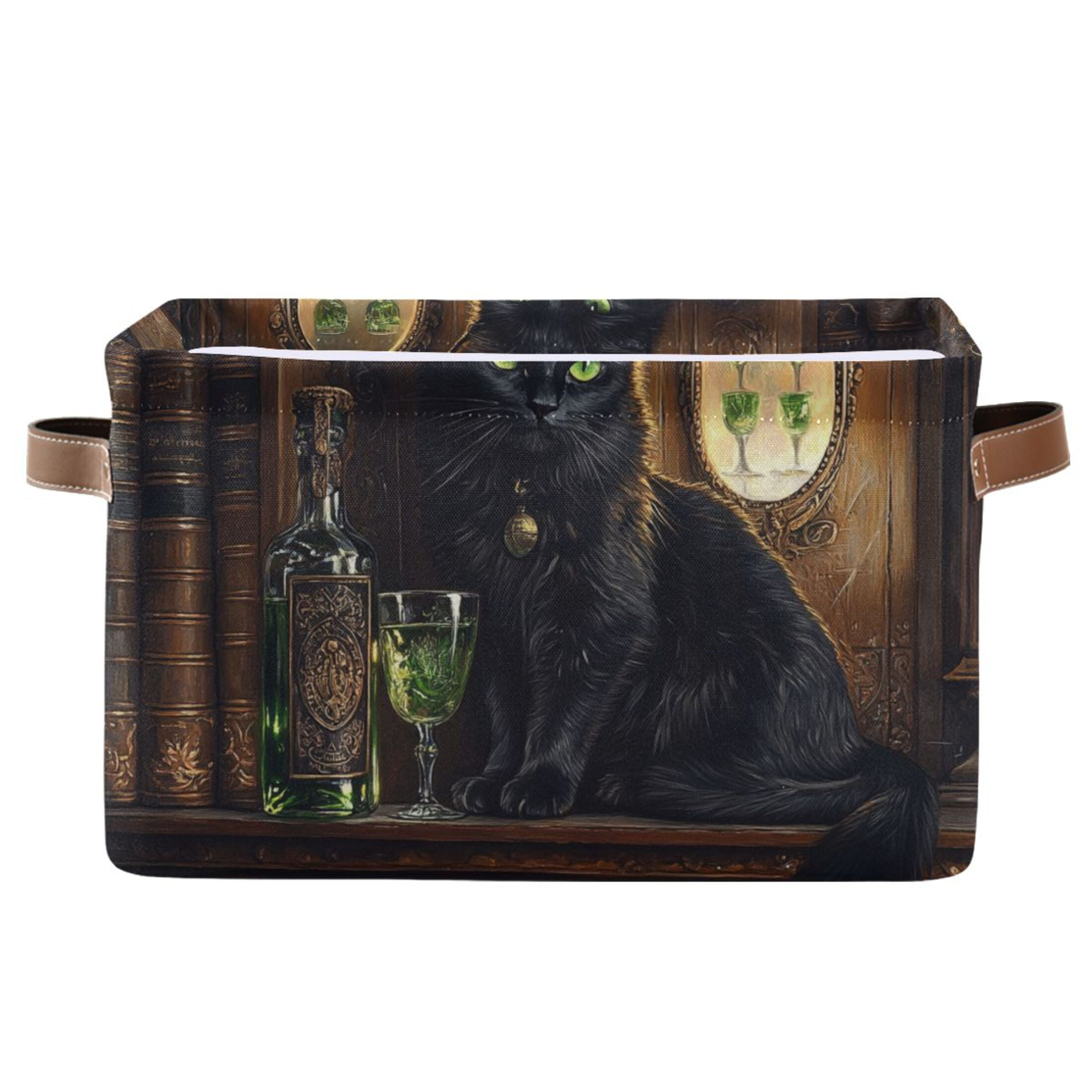 WOBOGO Black Cat with Absinthe Square Storage Basket with Waterproof Canvas and PE Lining Durable PU Leather Handles 14.2×10.2×8.3in