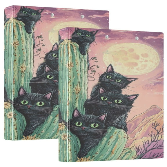 WOBOGO Black Cat with Cactus File Folders Extra Large Capacity to Hold 200 Sheets of Documents Hard Shell Ring Binder for School Home Office