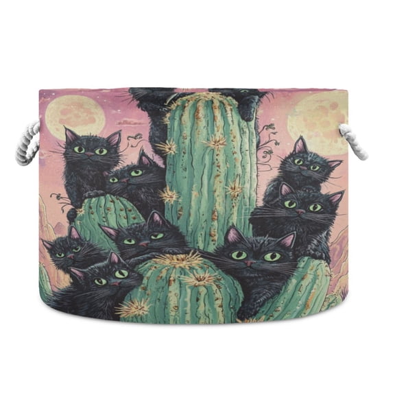WOBOGO Black Cat with Cactus Toy Storage Basket 2014in Canvas Laundry Hamper for Living Room Kids Room Bathroom Organizer