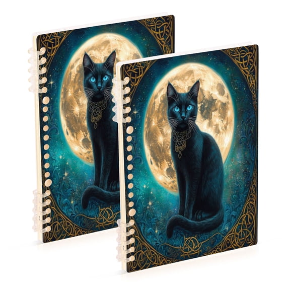 WOBOGO Black Cat with Full Moon Notebook College Horizontal Grid Paper Ink Spill Resistant Water Resistant Cover 8.3x5.7x0.4in