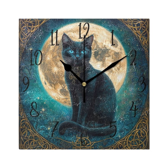WOBOGO Black Cat with Full Moon Wall Clock 7.78 Inch Battery Operated Silent Unit Square Rustic Vintage Style for Home Bedroom Office Black Pointer