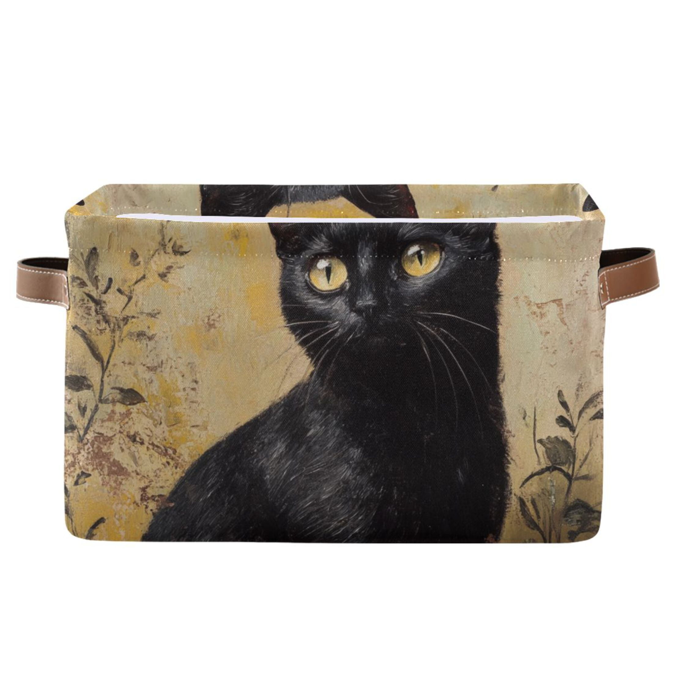 WOBOGO Black Cat with Oil Painting Style Square Storage Basket with Waterproof Canvas and PE Lining Durable PU Leather Handles 14.2×10.2×8.3in