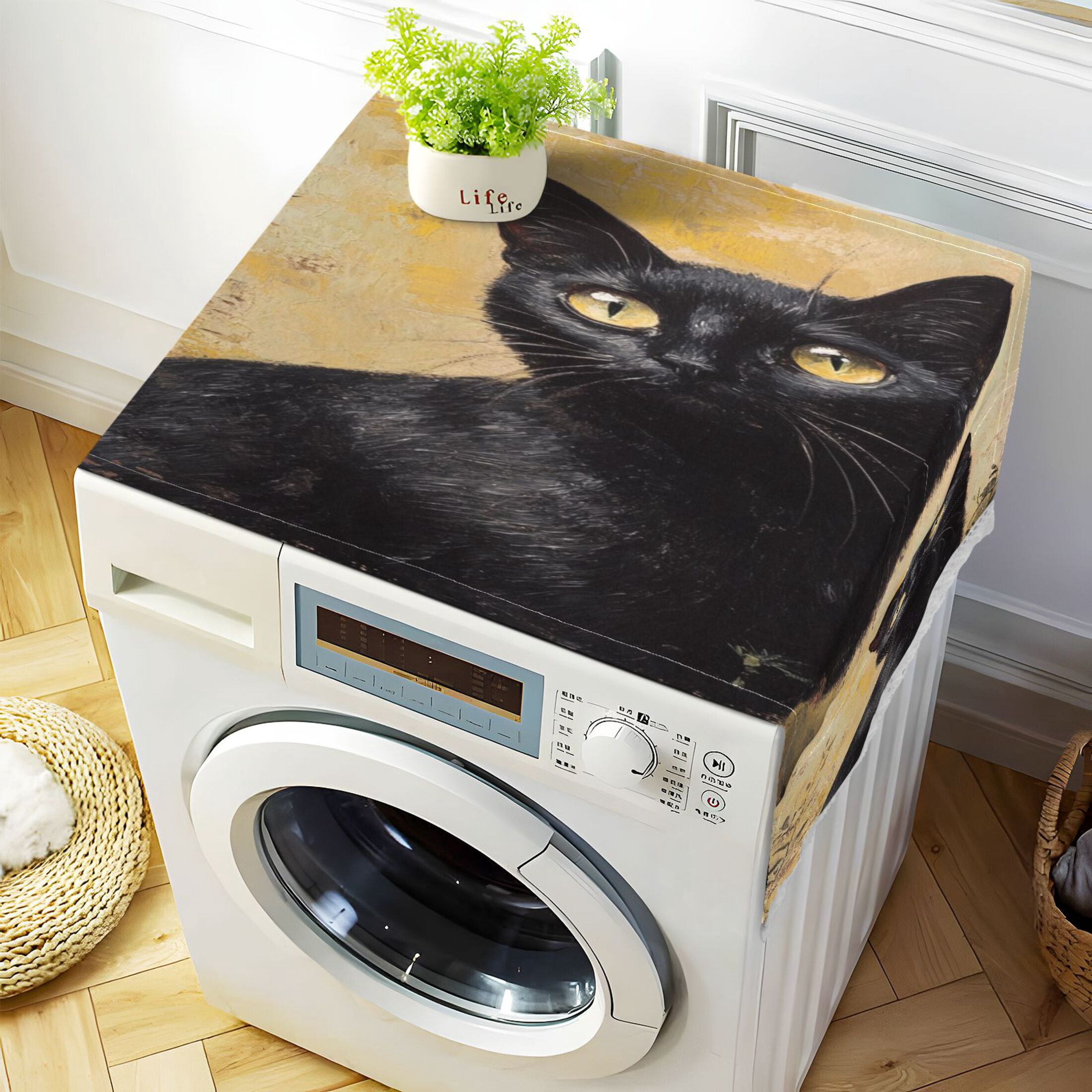 WOBOGO Black Cat with Oil Painting Style Washing Machine Cloth Dryer Refrigerator Top Cover Protective Non-Slip Mat For Kitchen Laundry