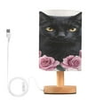 thumbnail image 1 of WOBOGO Black Cat with Pink Roses Bedroom Table Lamp USB Power Connector Wooden Base Round Linen Shade For Living Room Desk, 1 of 7