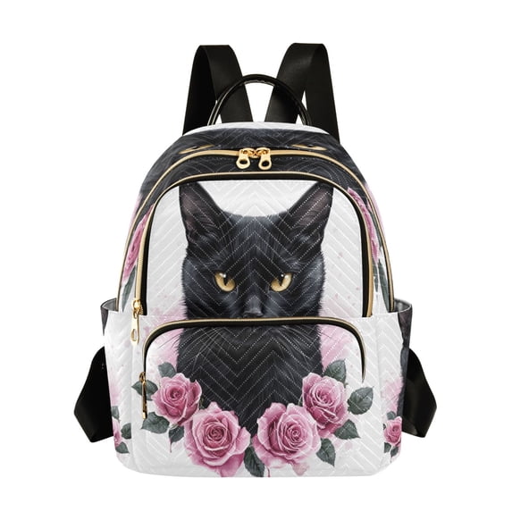 WOBOGO Black Cat with Pink Roses Butterfly Backpack Durable Lightweight Shoulder Bag Built-in Laptop Sleeve and Multiple Utility Compartments