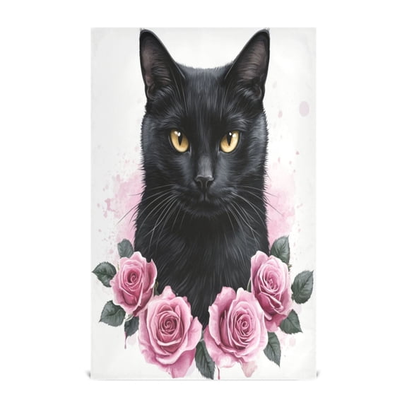 WOBOGO Black Cat with Pink Roses Kitchen Towel 1 Piece Large Cotton Dishcloth Premium Absorbency Set with Hanging Loop