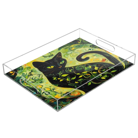 WOBOGO Black Cat with Vines Acrylic Serving Trays 15.7x11.8 Inch Spill Proof Clear Decorative Organizer with Handle