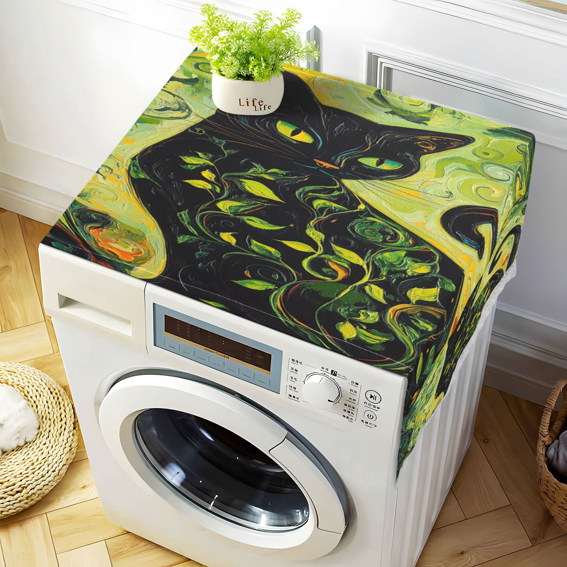 WOBOGO Black Cat with Vines Washing Machine Cloth Dryer Refrigerator Top Cover Protective Non-Slip Mat For Kitchen Laundry