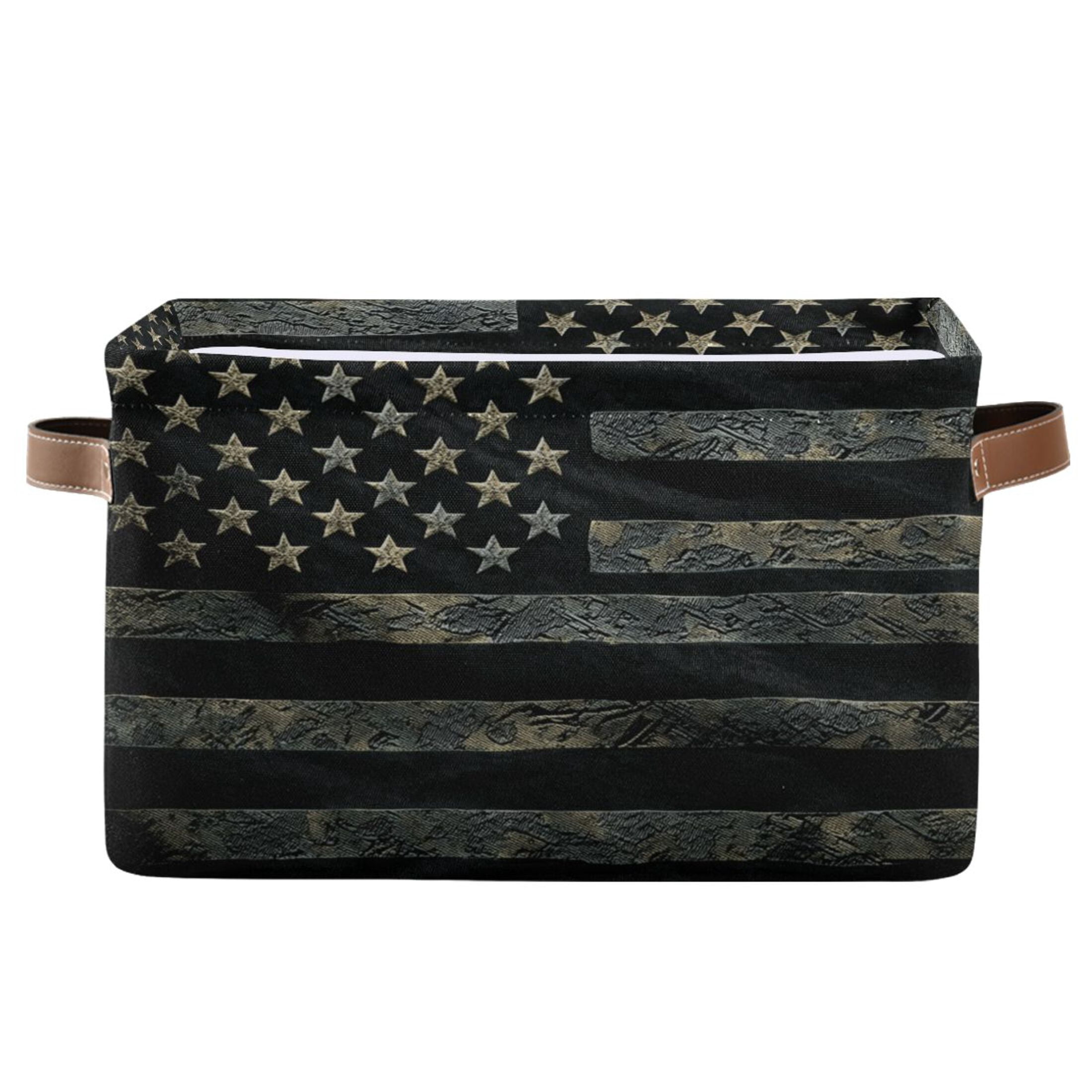 WOBOGO Black Design American Flag Square Storage Basket with Waterproof Canvas and PE Lining Durable PU Leather Handles 14.2×10.2×8.3in