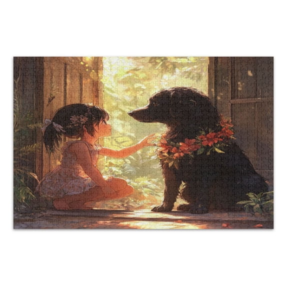 WOBOGO Black Dog with Lass Jigsaw Puzzle Challenge 500 Piece Jigsaw Suitable for Game Night Finished Size 20.5 x 14.9in