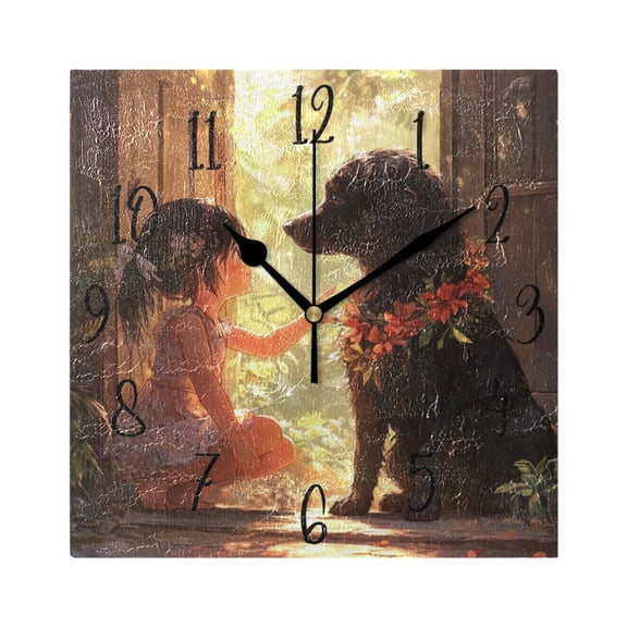 WOBOGO Black Dog with Lass Wall Clock 7.78 Inch Battery Operated Silent Unit Square Rustic Vintage Style for Home Bedroom Office Black Pointer