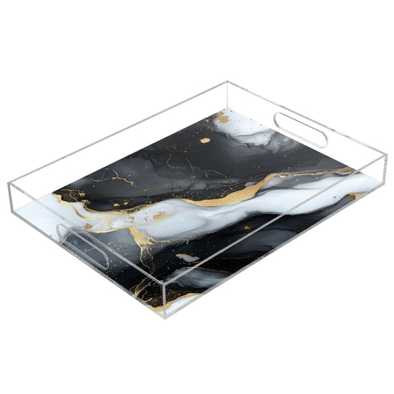 WOBOGO Black Gilt Marble Acrylic Serving Trays 15.7x11.8 Inch Spill Proof Clear Decorative Organizer with Handle