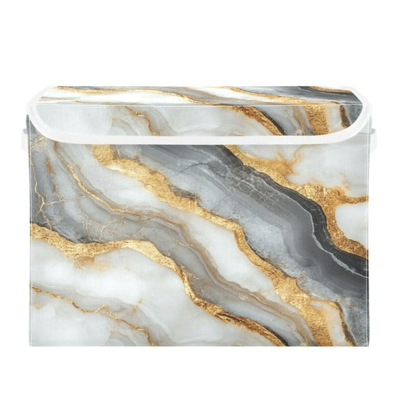 WOBOGO Black Gold Marble Pattern Large Collapsible Storage Box Flip Lid Fabric Decorative Organizer Container Basket with Handles 16.512.611.8in