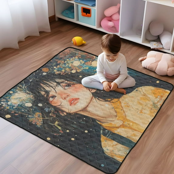 WOBOGO Black Hair Lass Baby Playmats Extra Large Waterproof Rollable Activity Pads for Toddlers 50×50inch