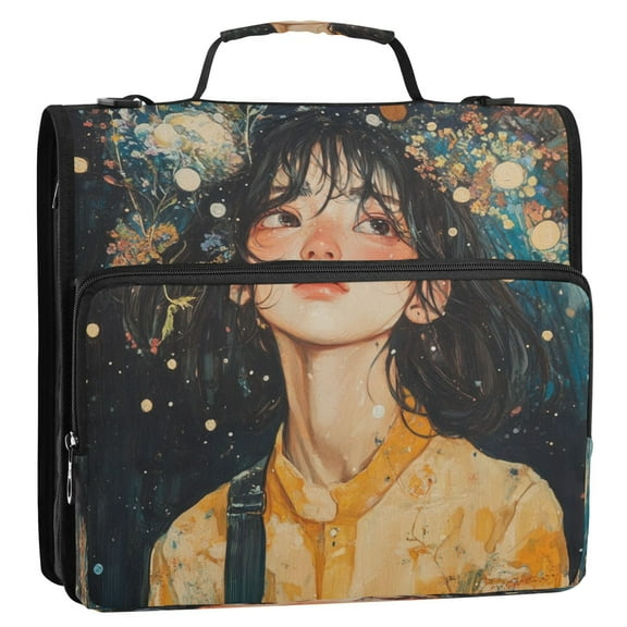 WOBOGO Black Hair Lass Ring Binder Bag 1.5in Folder Organizer with Shoulder Strap for 13Inch Laptop and 500 Sheets of Paper