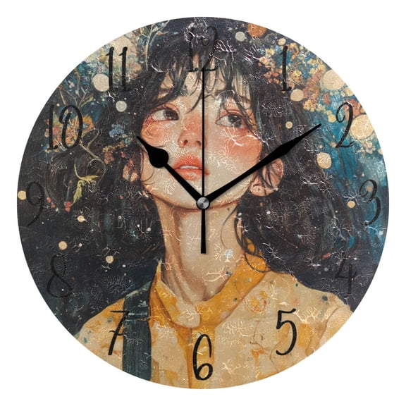 WOBOGO Black Hair Lass Wall Clock 10in Silent Mechanism Battery Operated Retro Style for Living Room Bedroom and Kitchen Black Pointer