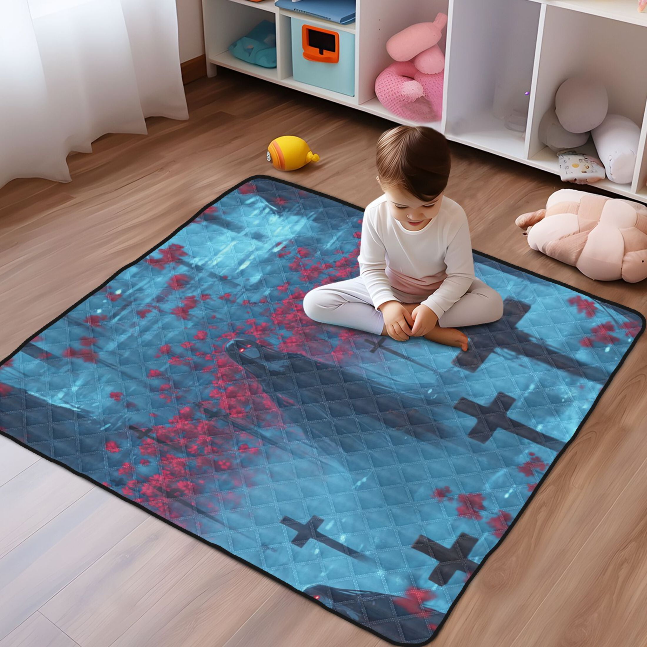 WOBOGO Black Haired Lass Baby Playmats Extra Large Waterproof Rollable Activity Pads for Toddlers 50×50inch