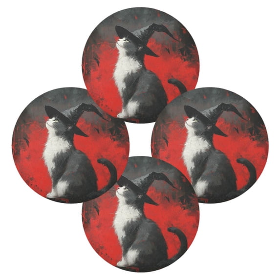WOBOGO Black Hat Cow Cat Round Placemats Set of 4 Heat Resistant Washable Kitchen Table Decorations 15.4in