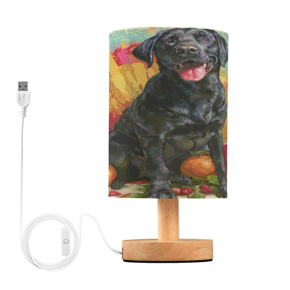 WOBOGO Black Labrador Bedroom Table Lamp USB Power Connector Wooden Base Round Linen Shade For Living Room Desk