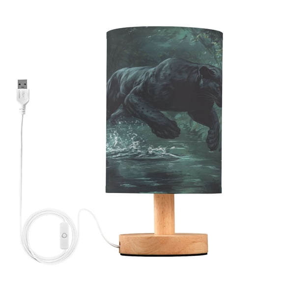 WOBOGO Black Panther Leaping over Water Bedroom Table Lamp USB Power Connector Wooden Base Round Linen Shade For Living Room Desk