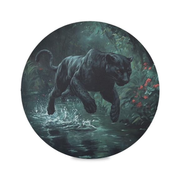 WOBOGO Black Panther Leaping over Water Round Placemats Set of 6 Heat Resistant Washable Kitchen Table Decorations 15.4in