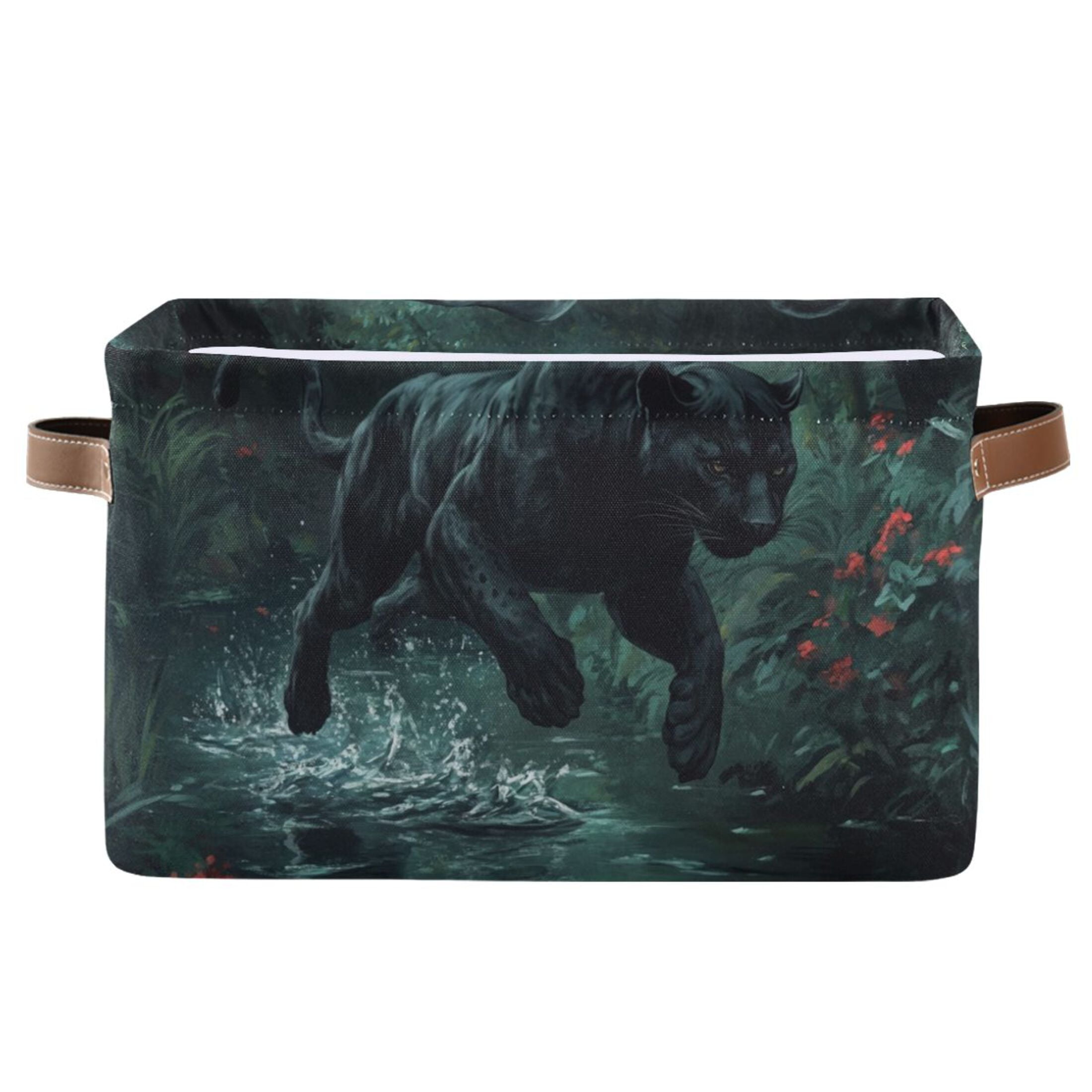 WOBOGO Black Panther Leaping over Water Square Storage Basket with Waterproof Canvas and PE Lining Durable PU Leather Handles 14.2×10.2×8.3in