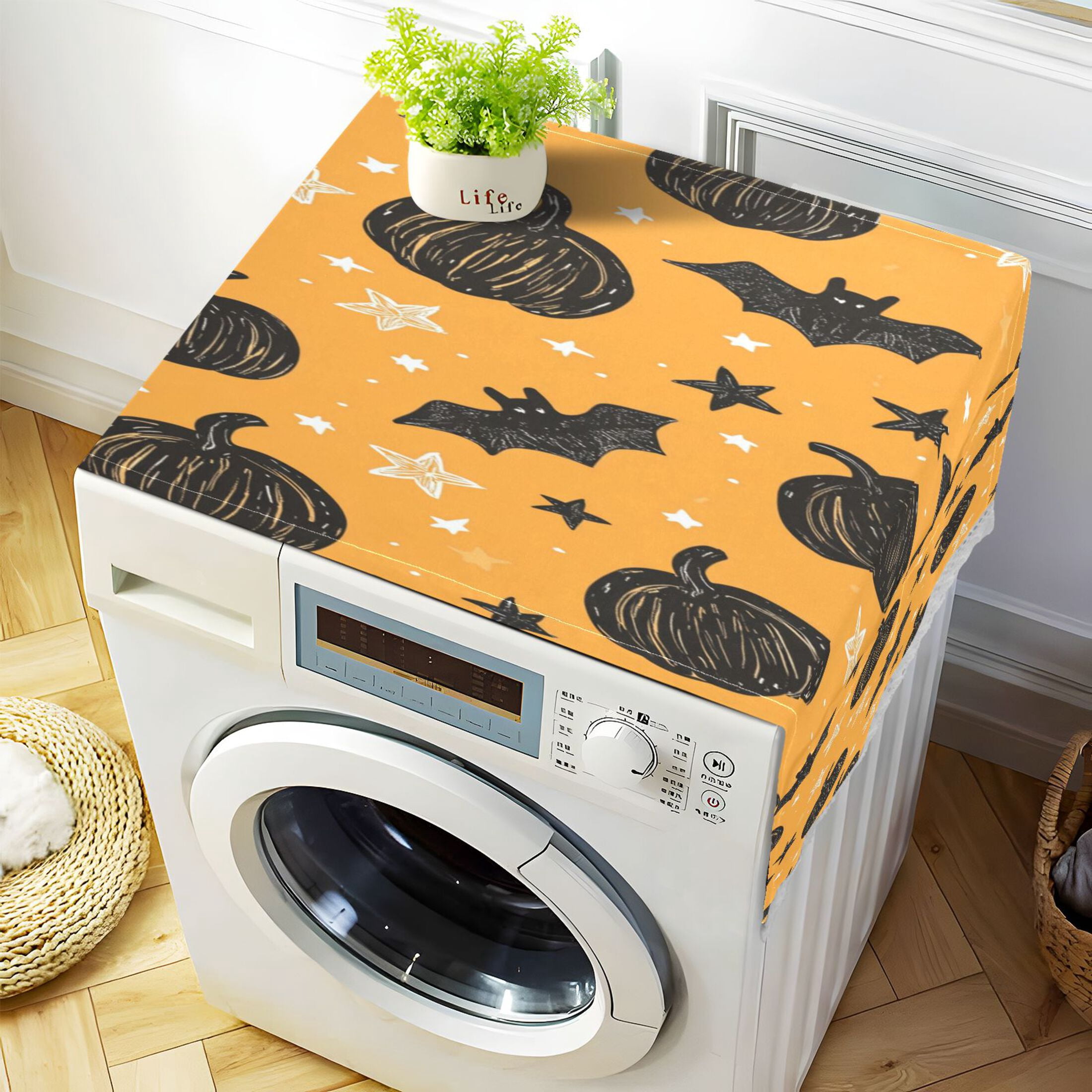 WOBOGO Black Pumpkins and Bats on An Orange Background Washing Machine Cloth Dryer Refrigerator Top Cover Protective Non-Slip Mat For Kitchen Laundry